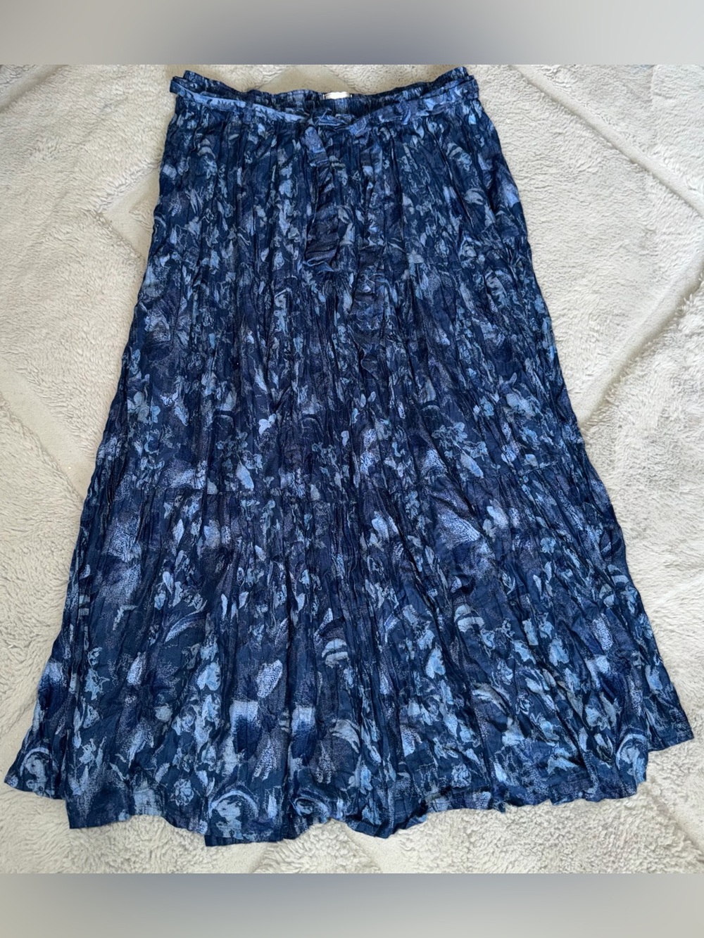 Vintage Napa Valley Crinkle Tiered Boho Blue Floral Maxi Skirt